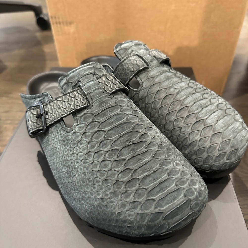 The Shoe Surgeon - Birkenstock Luxe Black Python Mules - NEW